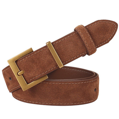 Women's Genuine Suede Leather Belt Classic Pin Buckle Cowhide Belts (Caramel) V462-FB-103-04