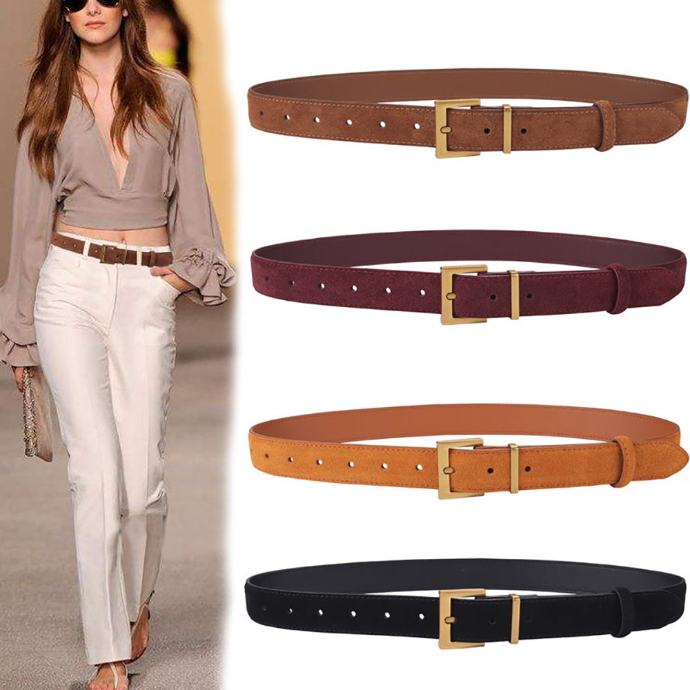 Women's Genuine Suede Leather Belt Classic Pin Buckle Cowhide Belts (Caramel)