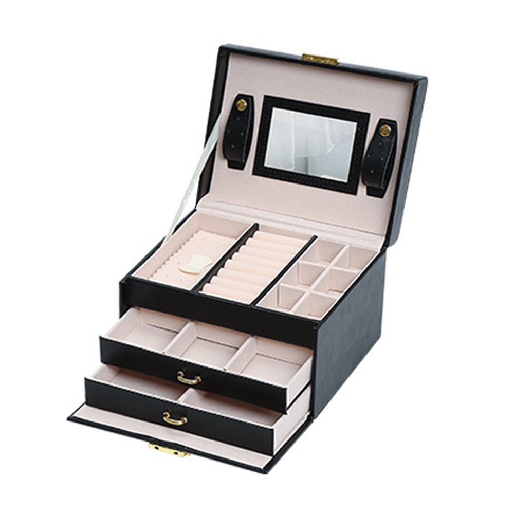 Jewellery Box With Mirror Double Drawers Organizer Storage Lock Case(Black) V462-FB-54-01