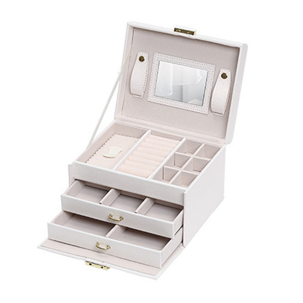 Jewellery Box With Mirror Double Drawers Organizer Storage Lock Case(White) V462-FB-54-03