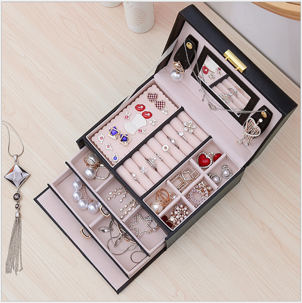 Jewellery Box With Mirror Double Drawers Organizer Storage Lock Case(White) V462-FB-54-03