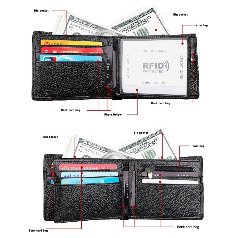 Men's Genuine Leather Bilfold Wallet RFID Blocking Card Holder Zipper Coin Purse V462-FB-78-01