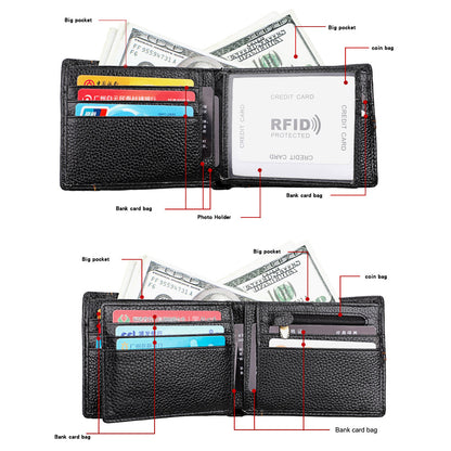 Men's Genuine Leather Bilfold Wallet RFID Blocking Card Holder Zipper Coin Purse V462-FB-78-01