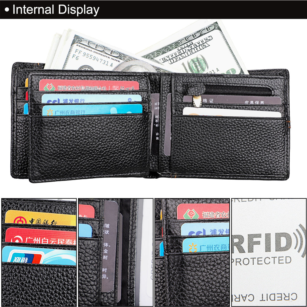 Men's Genuine Leather Bilfold Wallet RFID Blocking Card Holder Zipper Coin Purse V462-FB-78-01