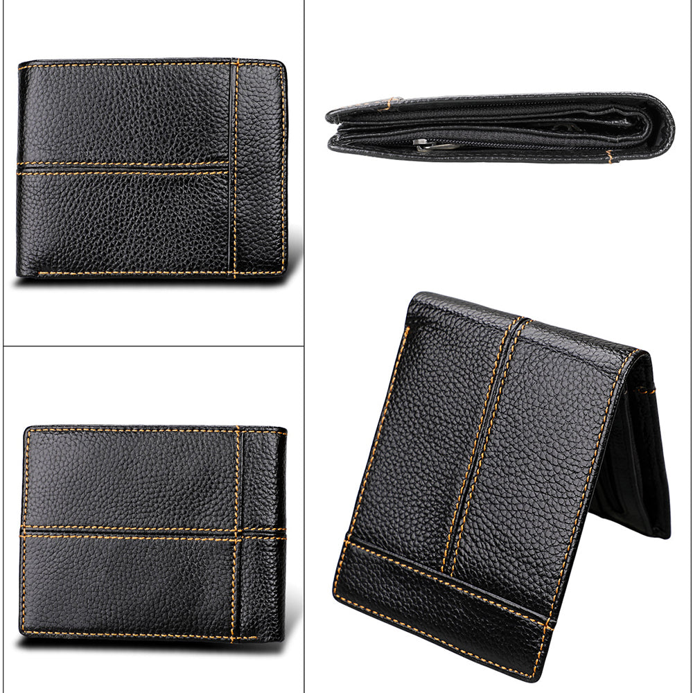 Men's Genuine Leather Bilfold Wallet RFID Blocking Card Holder Zipper Coin Purse V462-FB-78-01