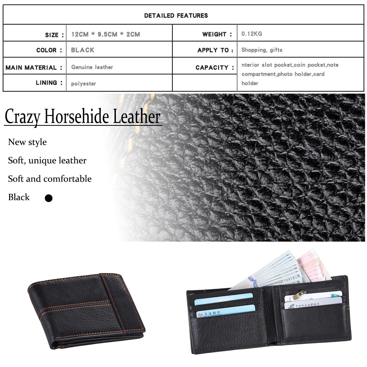 Men's Genuine Leather Bilfold Wallet RFID Blocking Card Holder Zipper Coin Purse V462-FB-78-01