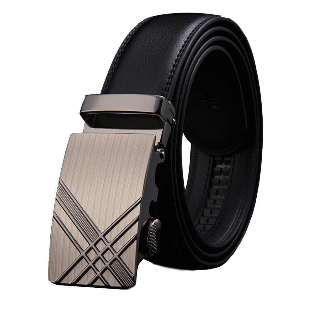 Adjustable Slide Luxury Leather Belt For Men's Automatic Buckle Ratchet Business Dress Belts (FB8501#01) V462-FB-85-01