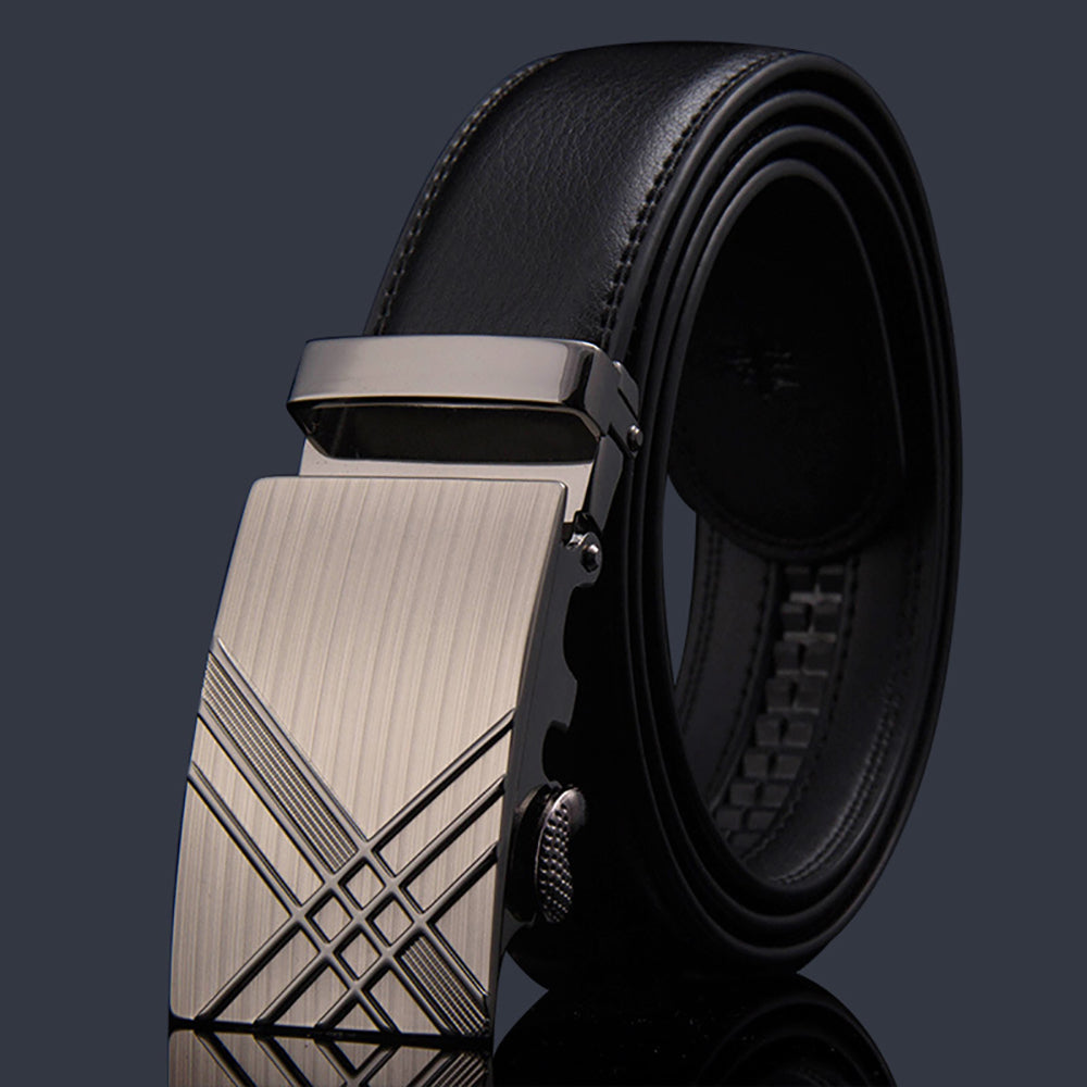 Adjustable Slide Luxury Leather Belt For Men's Automatic Buckle Ratchet Business Dress Belts (FB8501#01) V462-FB-85-01