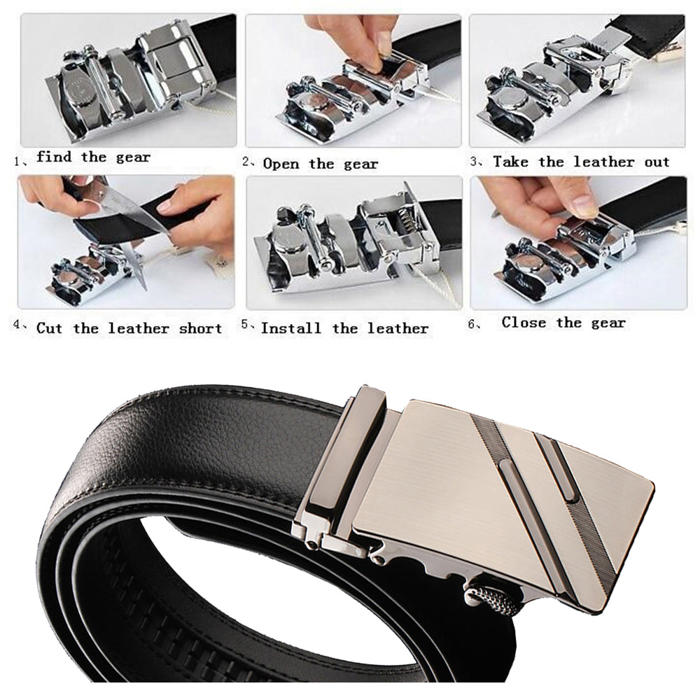 Adjustable Slide Luxury Leather Belt For Men's Automatic Buckle Ratchet Business Dress Belts (FB8502#15) V462-FB-85-02