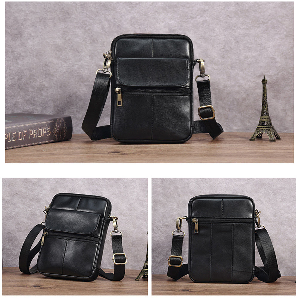 Genuine leather men's crossbody bag oiled wax leather Satchel Crossbody Bag (Black) V462-FB-90-01