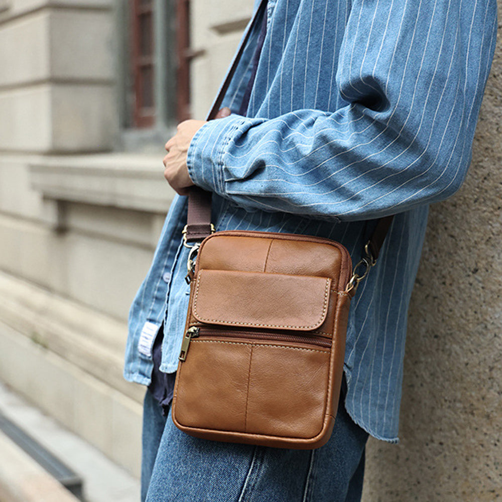 Genuine leather men's crossbody bag oiled wax leather Satchel Crossbody Bag (Brown) V462-FB-90-03