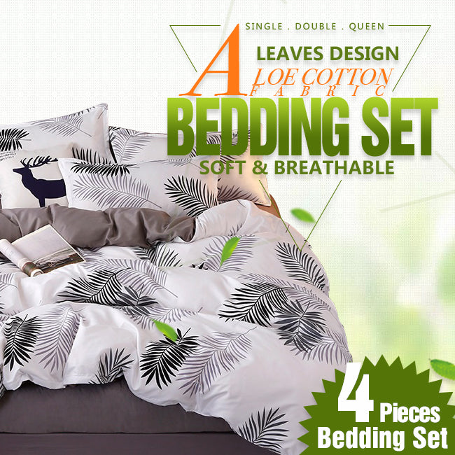 Palm Leaves Pattern Aloe Cotton Flat Sheet Quilt Cover Pillowcases 4pcs Bedding Set (King) V462-H-05-06