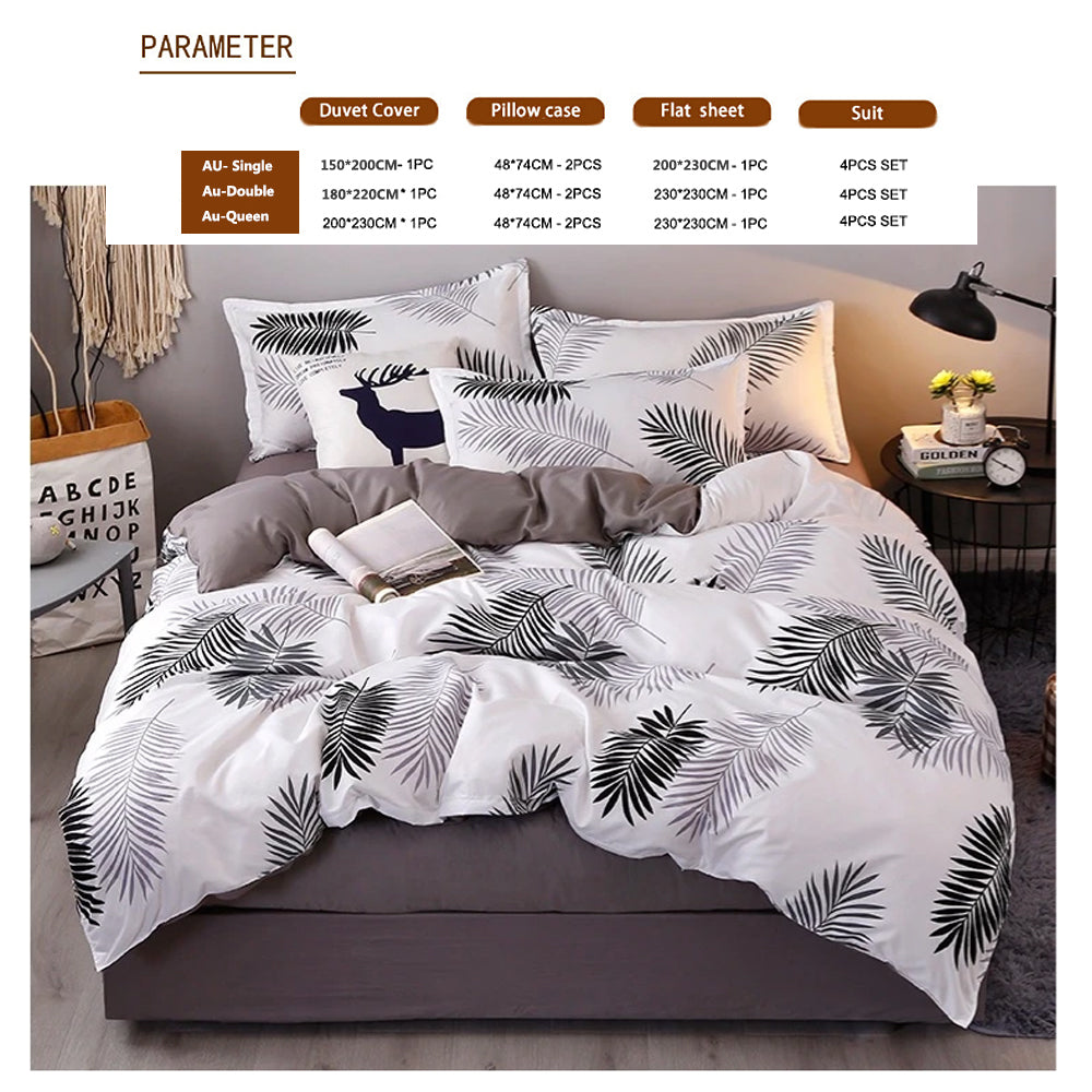 Palm Leaves Pattern Aloe Cotton Flat Sheet Quilt Cover Pillowcases 4pcs Bedding Set (King) V462-H-05-06