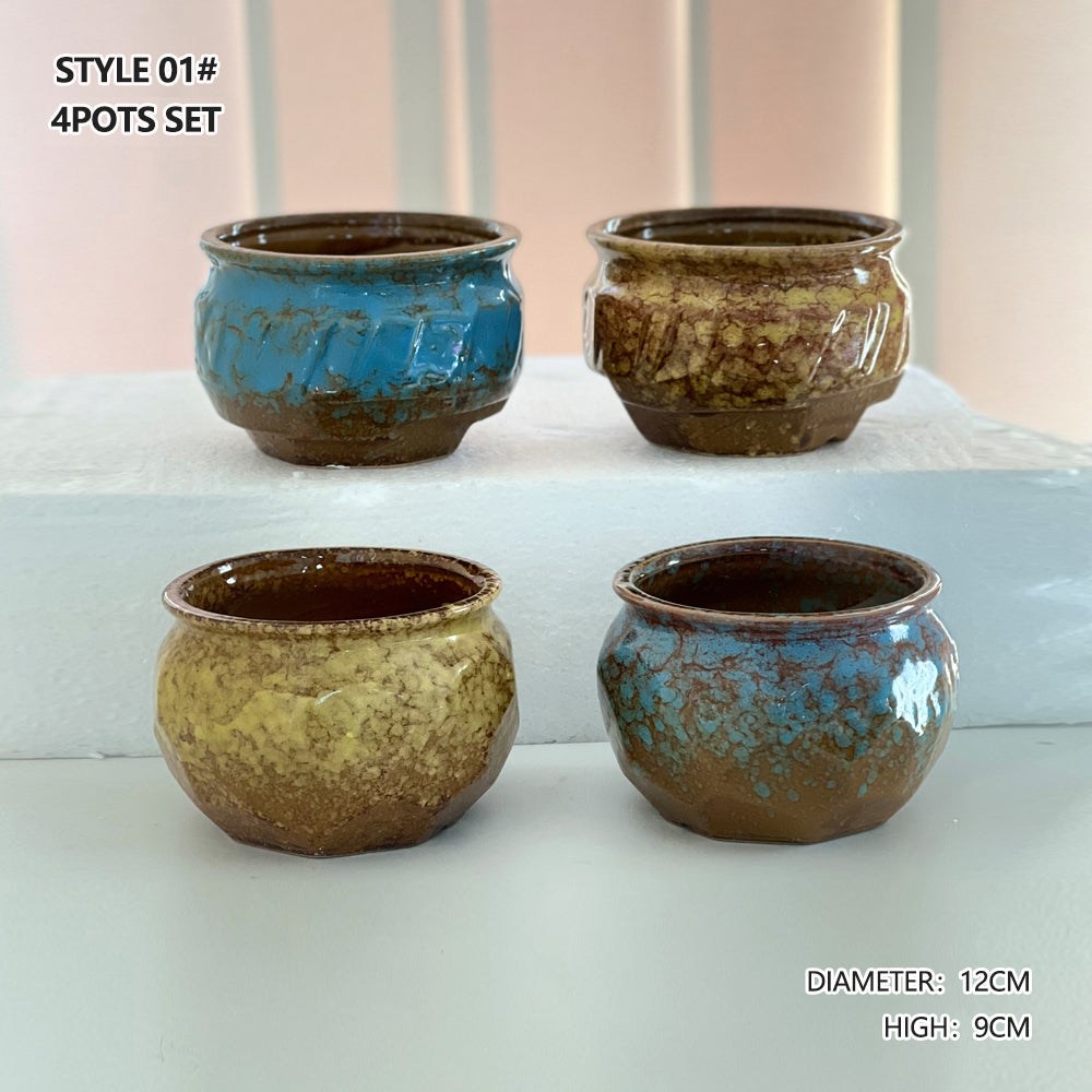 4/5/6 Pots Set Ceramic Clay Pottery Pots Succulent Flower Planter Draining Hole(Style 01# 4 Pots Set) V462-HG-108-01