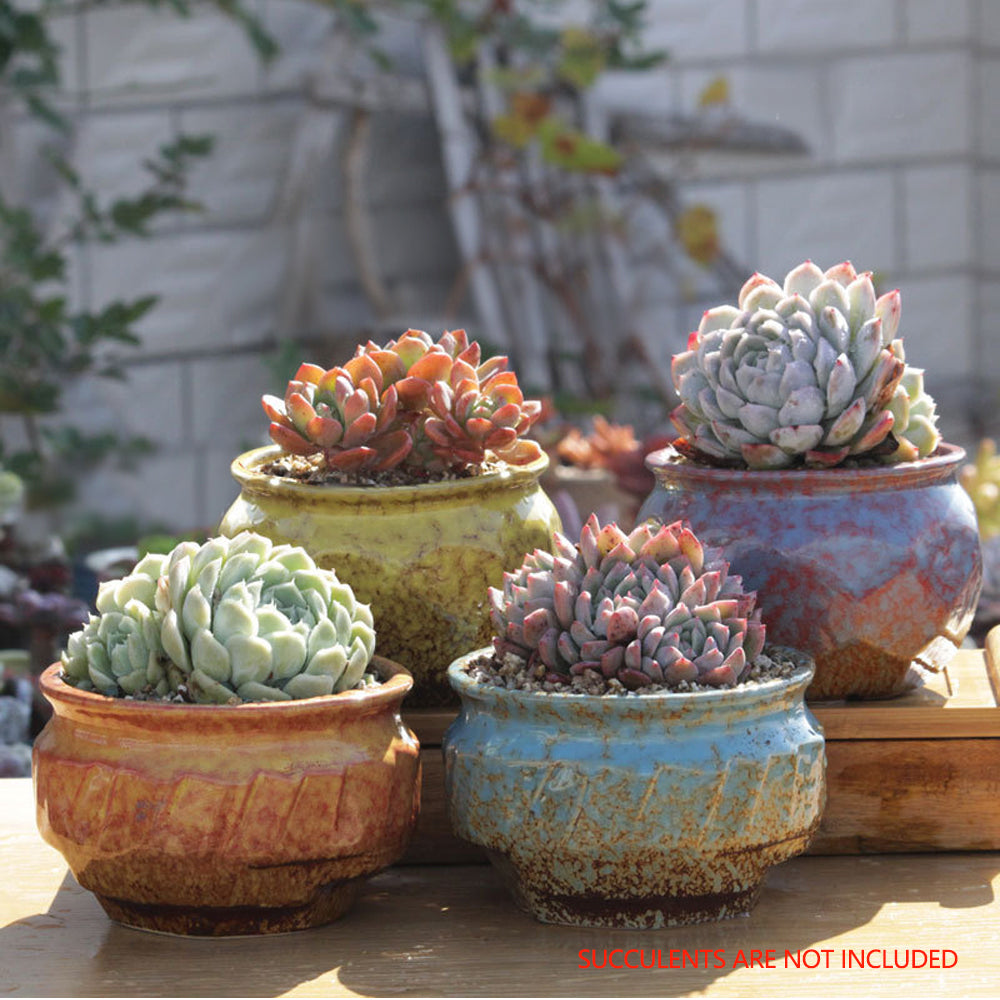 4/5/6 Pots Set Ceramic Clay Pottery Pots Succulent Flower Planter Draining Hole(Style 01# 4 Pots Set) V462-HG-108-01