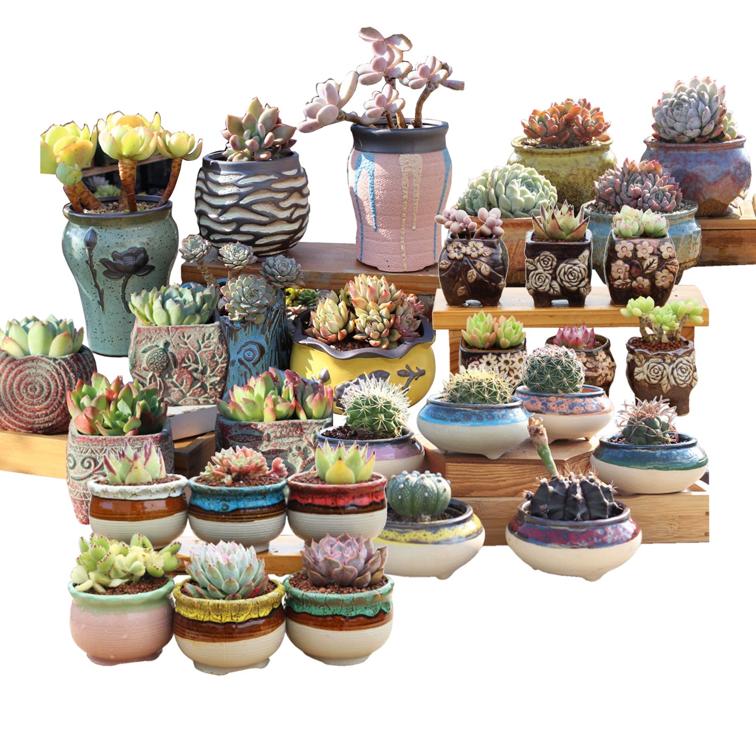 4/5/6 Pots Set Ceramic Clay Pottery Pots Succulent Flower Planter Draining Hole(Style 01# 4 Pots Set) V462-HG-108-01