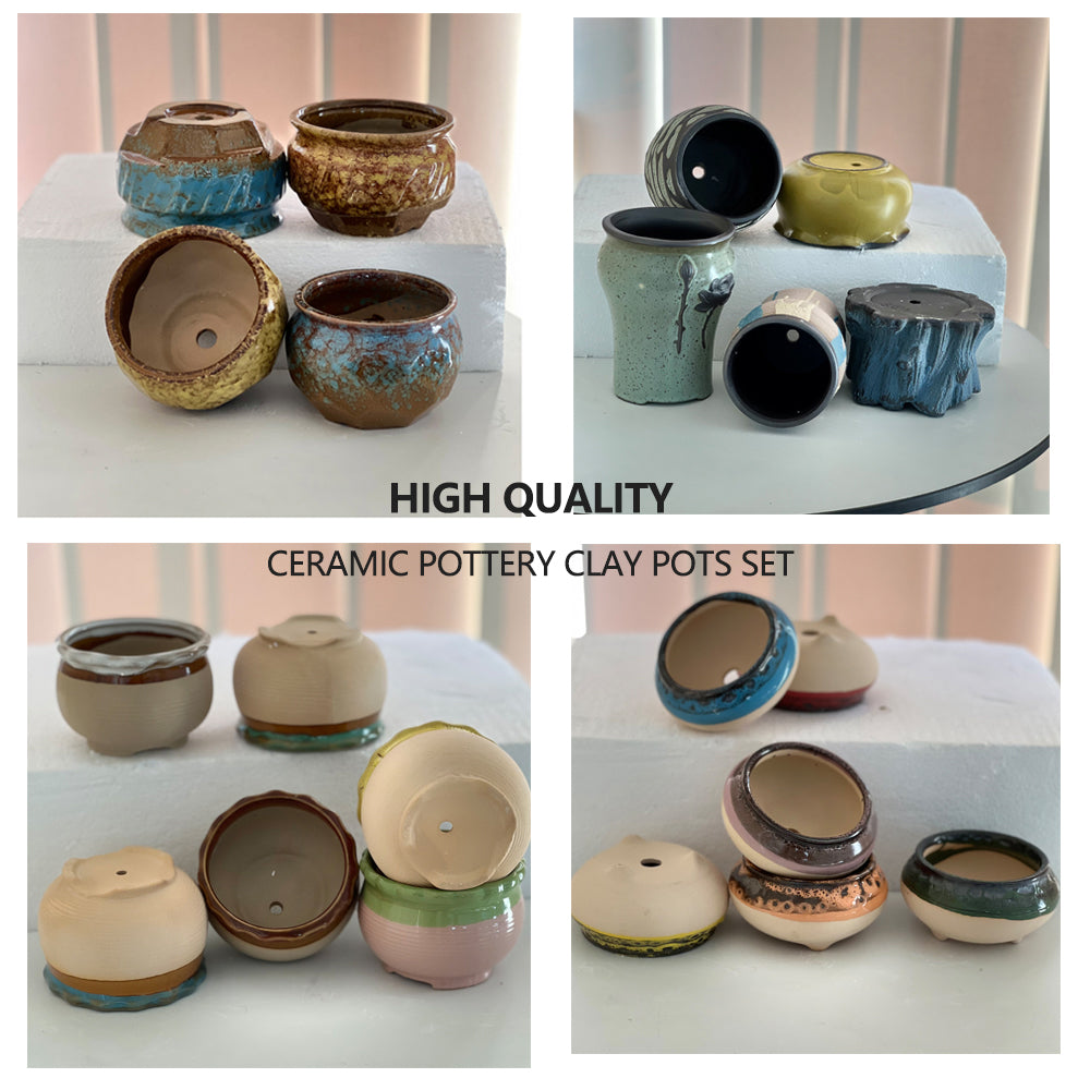 4/5/6 Pots Set Ceramic Clay Pottery Pots Succulent Flower Planter Draining Hole(Style 01# 4 Pots Set) V462-HG-108-01