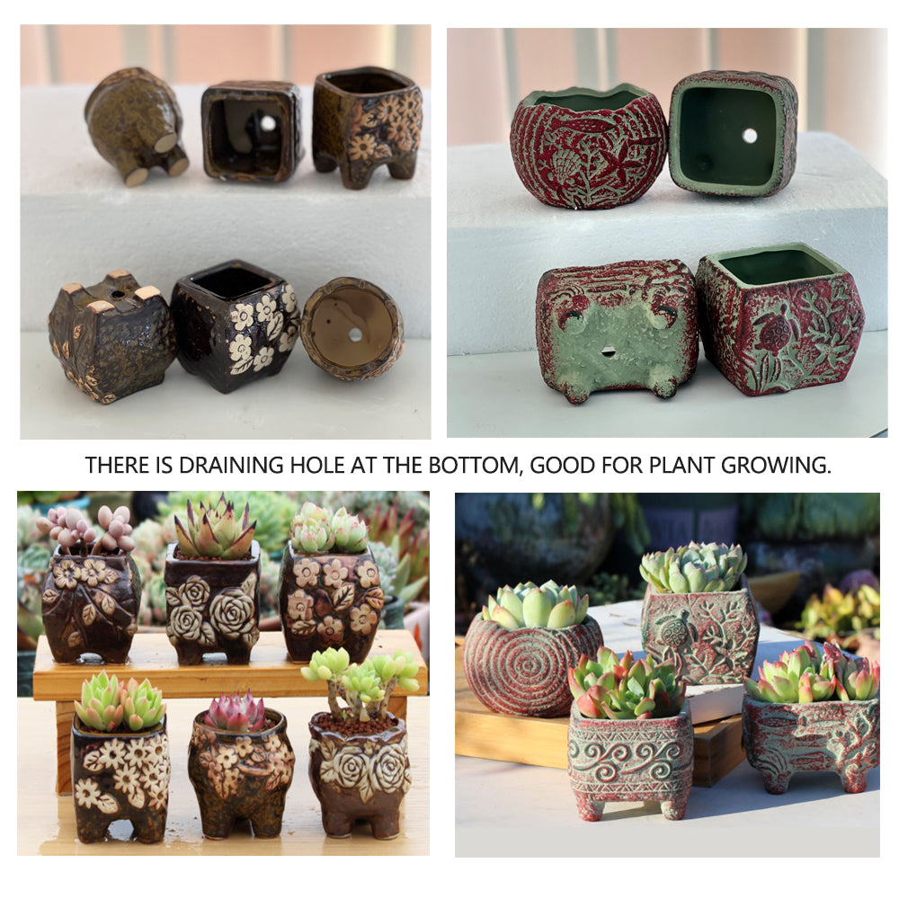4/5/6 Pots Set Ceramic Clay Pottery Pots Succulent Flower Planter Draining Hole(Style 01# 4 Pots Set) V462-HG-108-01