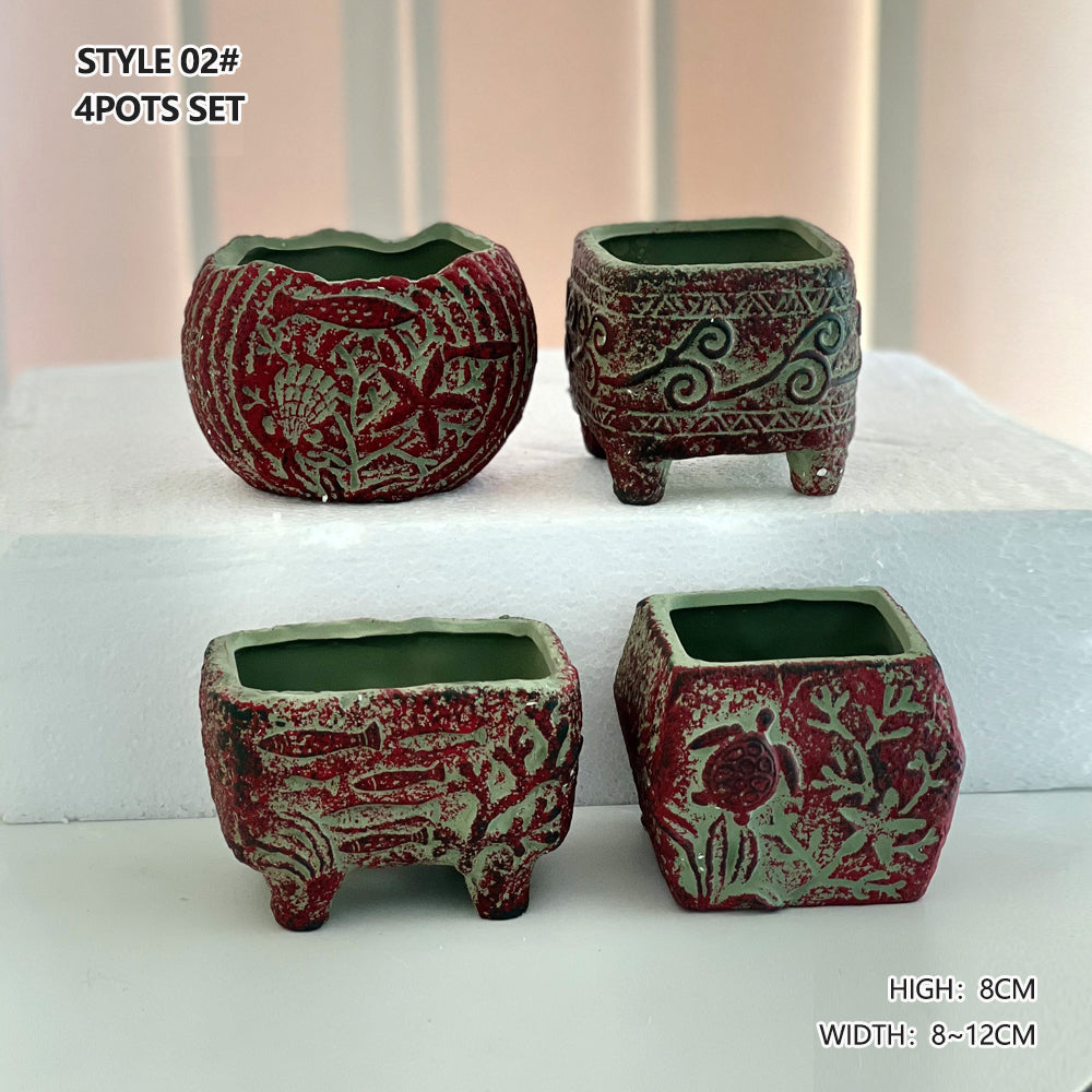 4/5/6 Pots Set Ceramic Clay Pottery Pots Succulent Flower Planter Draining Hole(Style 02# 4 Pots Set) V462-HG-108-02