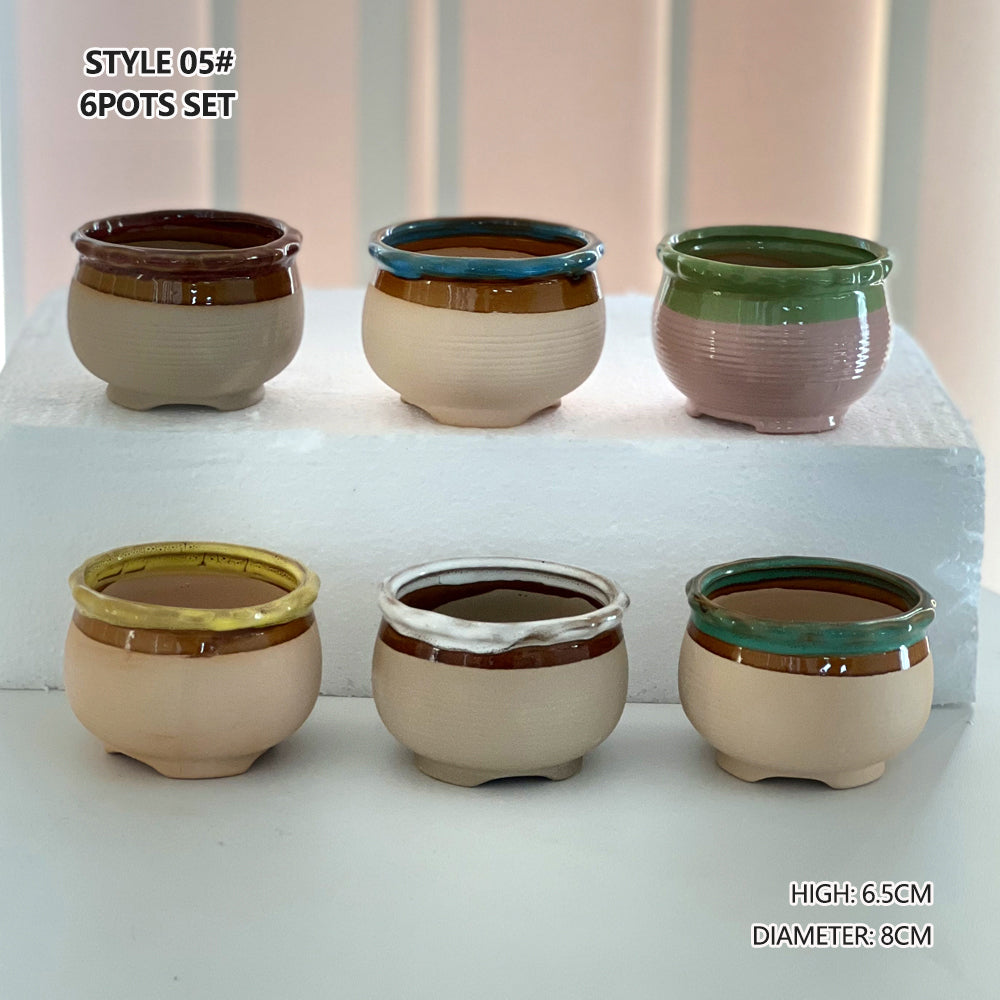 4/5/6 Pots Set Ceramic Clay Pottery Pots Succulent Flower Planter Draining Hole(Style 05# 6 Pots Set) V462-HG-108-05