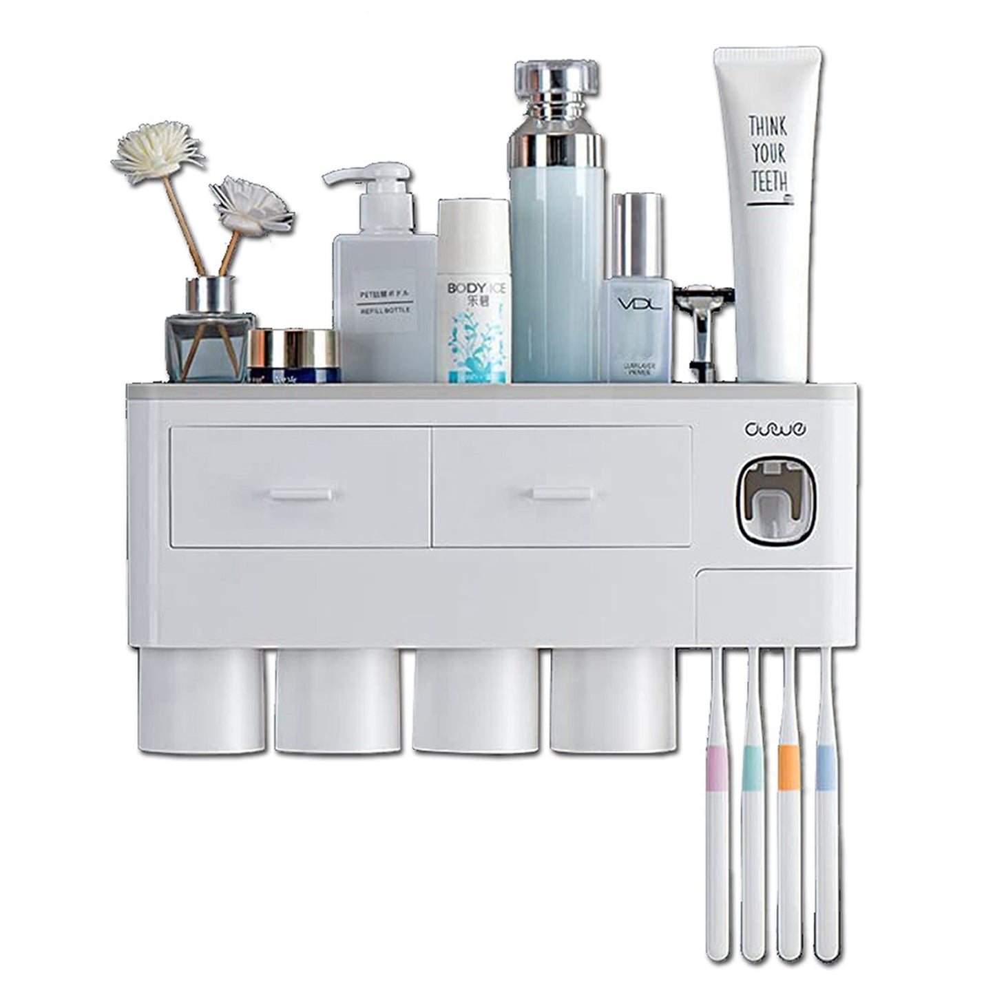 Toothbrush Holders with 3-4 Cups Automatic Toothpaste Dispenser Kit(4 Cups 2 Drawer) V462-HG-117-02