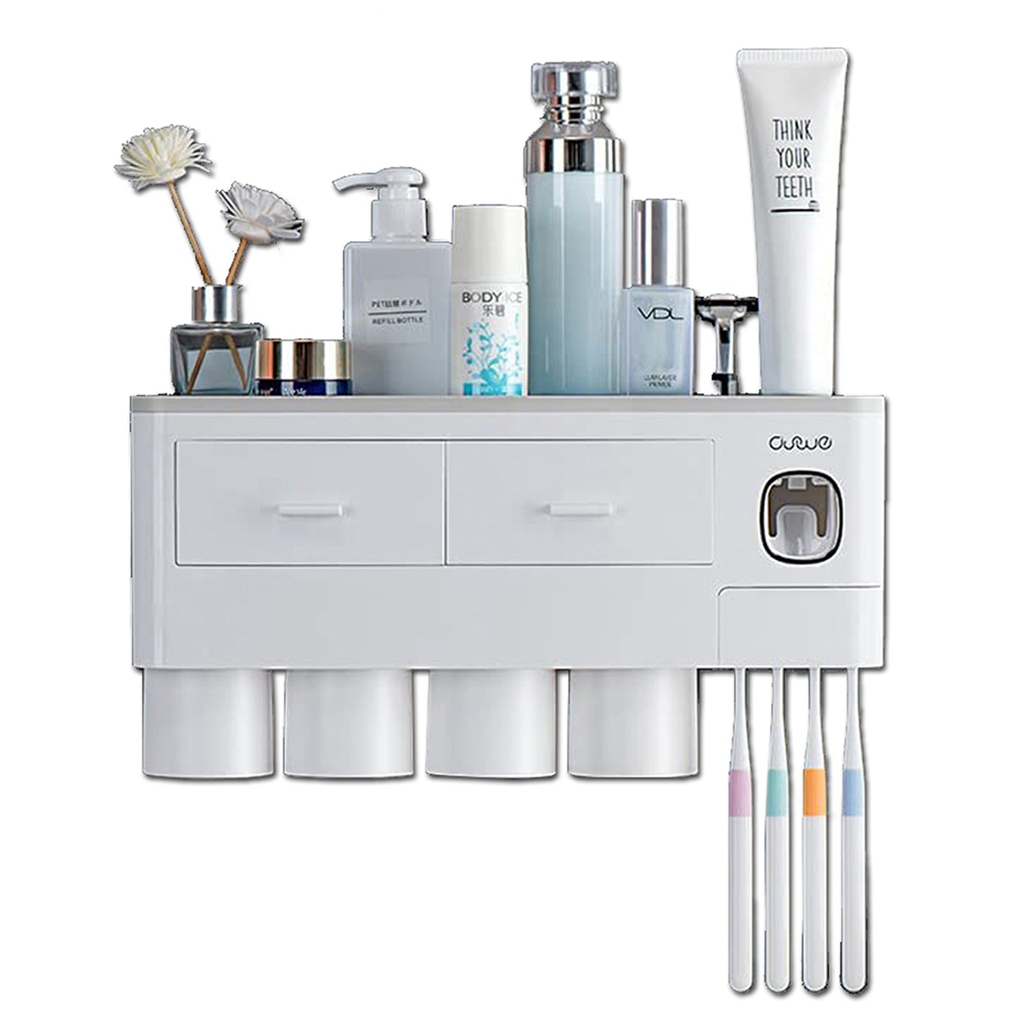 Toothbrush Holders with 3-4 Cups Automatic Toothpaste Dispenser Kit(4 Cups 2 Drawer) V462-HG-117-02