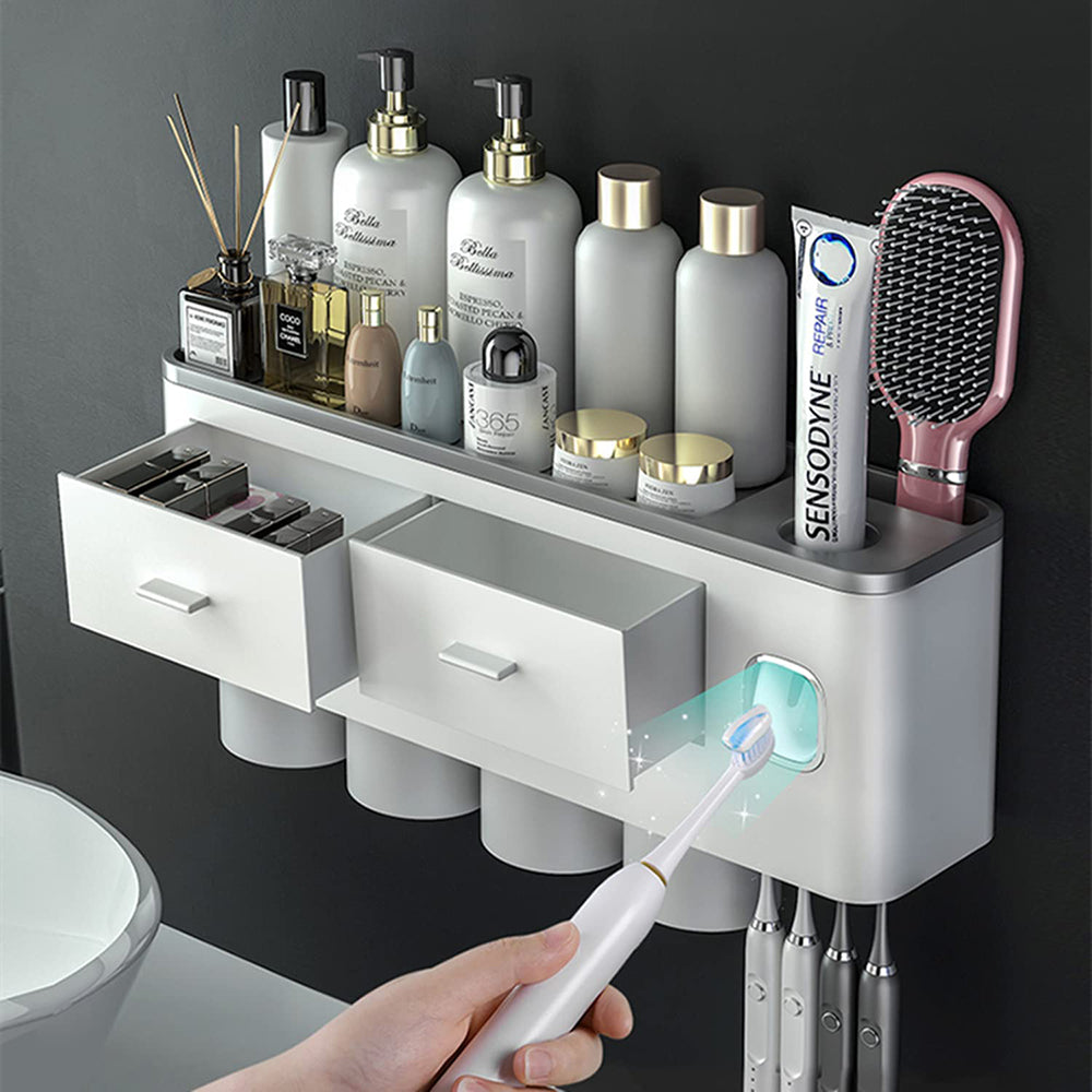 Toothbrush Holders with 3-4 Cups Automatic Toothpaste Dispenser Kit(4 Cups 2 Drawer) V462-HG-117-02
