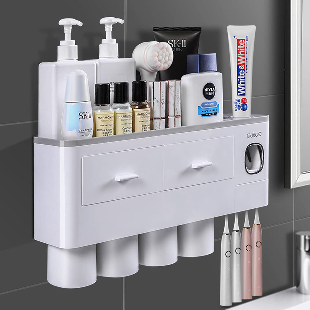 Toothbrush Holders with 3-4 Cups Automatic Toothpaste Dispenser Kit(4 Cups 2 Drawer) V462-HG-117-02