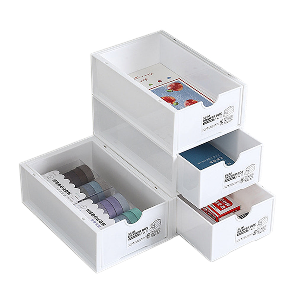4 Pcs Set Stackable Desktop storage Box Drawer Transparent Plastic Stationery Cosmetic Organizer Box(White) V462-HG-150-01