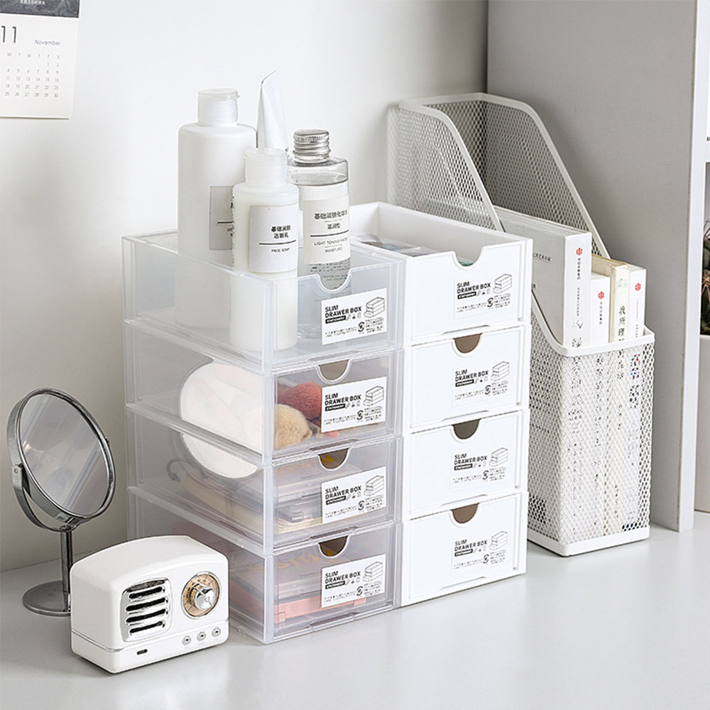 4 Pcs Set Stackable Desktop storage Box Drawer Transparent Plastic Stationery Cosmetic Organizer Box(White) V462-HG-150-01