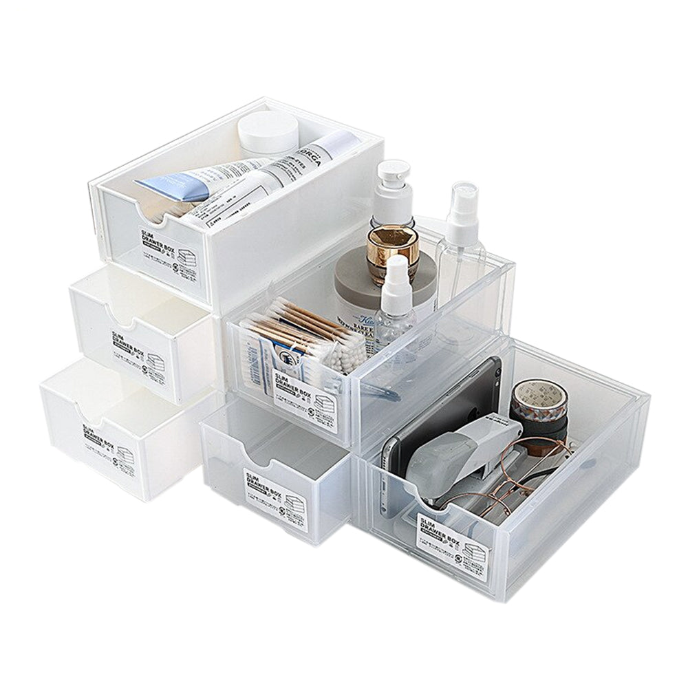4 Pcs Set Stackable Desktop storage Box Drawer Transparent Plastic Stationery Cosmetic Organizer Box(White) V462-HG-150-01