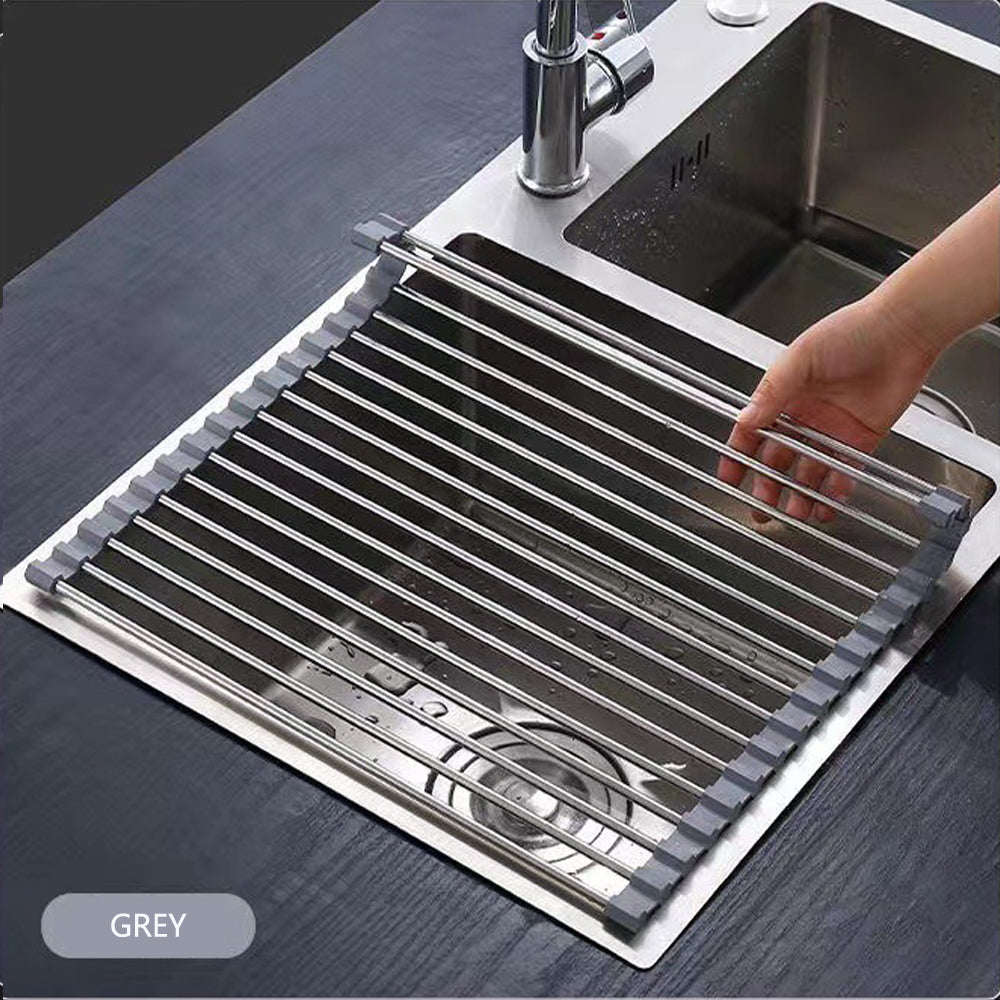 Kitchen Roll-Up Dish Drying Rack Foldable Drainer Over Sink 304-Stainless Steel(Small:47*24cm) V462-HG-166-01