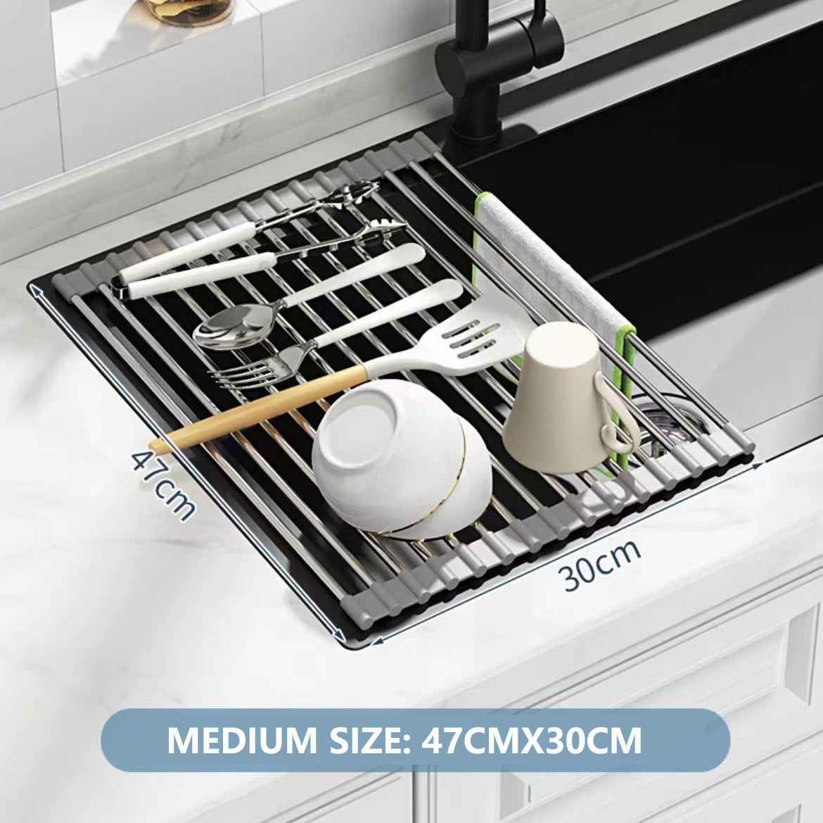 Kitchen Roll-Up Dish Drying Rack Foldable Drainer Over Sink 304-Stainless Steel(Medium:47*30cm) V462-HG-166-02