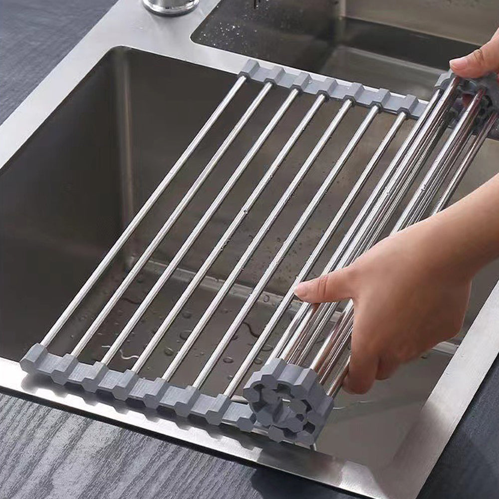 Kitchen Roll-Up Dish Drying Rack Foldable Drainer Over Sink 304-Stainless Steel(Medium:47*30cm) V462-HG-166-02