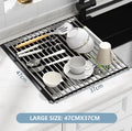 Kitchen Roll-Up Dish Drying Rack Foldable Drainer Over Sink 304-Stainless Steel(Large:47*37cm) V462-HG-166-03