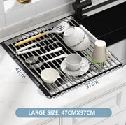 Kitchen Roll-Up Dish Drying Rack Foldable Drainer Over Sink 304-Stainless Steel(Large:47*37cm) V462-HG-166-03