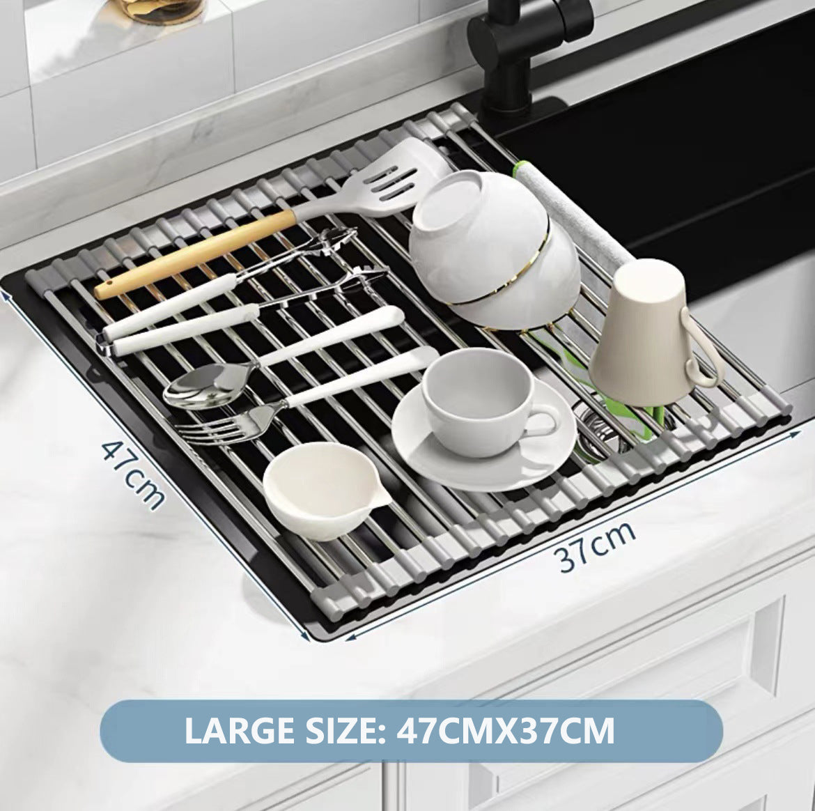 Kitchen Roll-Up Dish Drying Rack Foldable Drainer Over Sink 304-Stainless Steel(Large:47*37cm) V462-HG-166-03