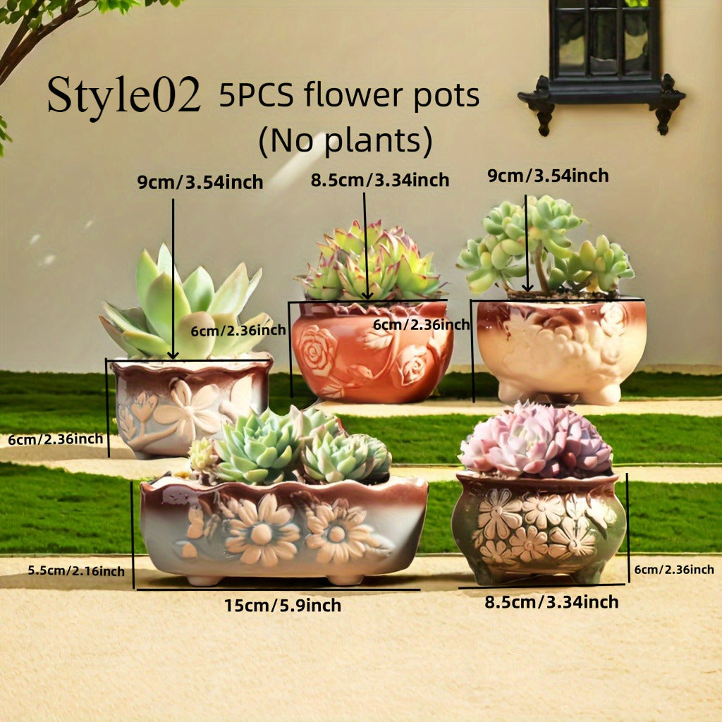 Set of 5 Succulent Plant Pots Flower Patterned with Drainage Holes V462-HG-174-01
