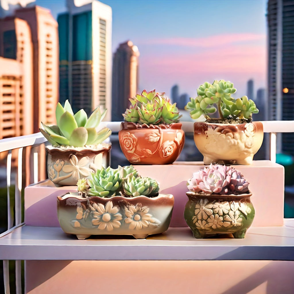 Set of 5 Succulent Plant Pots Flower Patterned with Drainage Holes V462-HG-174-01