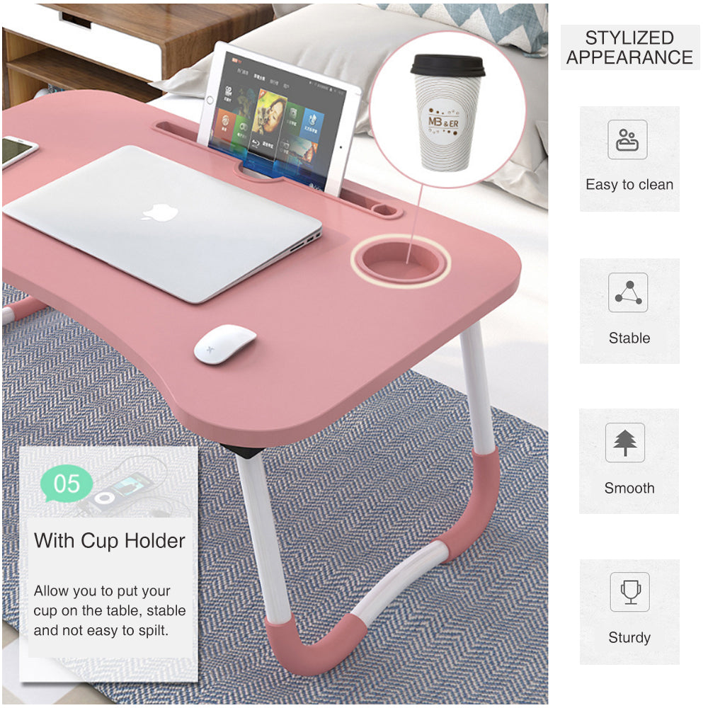 Foldable Desk Laptop Stand Table Bed Computer Study Adjustable Portable Cup Slot(White) V462-HG-82-04