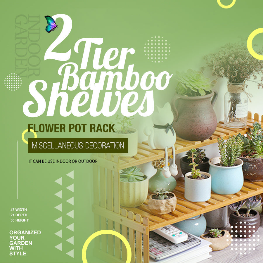 2 Tier Bamboo Plant Stand Shelves Flower Pot Rack Garden Indoor Outdoor Patio V462-HG-86-01