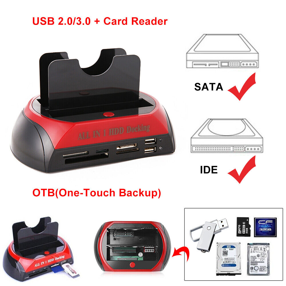 All In One Docking Station USB Dual-Bay Hard Drive 2.5" 3.5" IDE SATA SSD Card Reader V462-MD-150-01