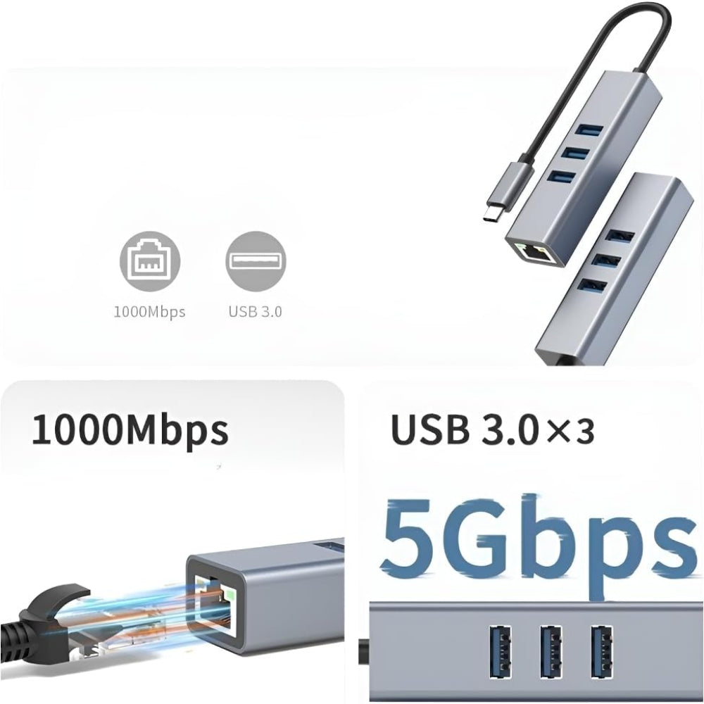 USB C to Ethernet Adapter with 1000Mbps Gigabit RJ45 and 3xUSB 3.0 Ports V462-MD-164-01