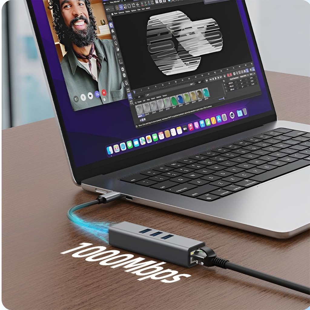 USB C to Ethernet Adapter with 1000Mbps Gigabit RJ45 and 3xUSB 3.0 Ports V462-MD-164-01