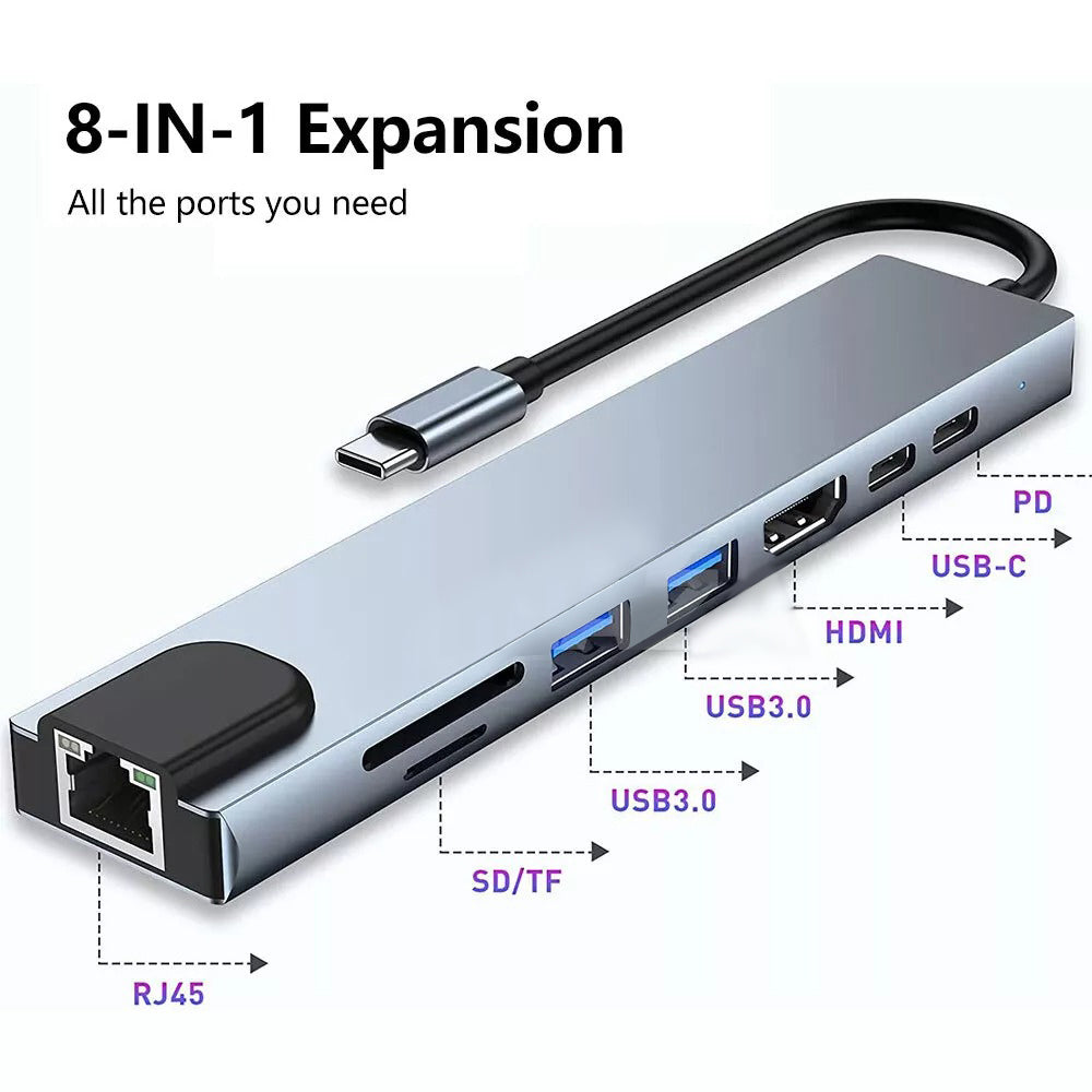 8in1 Hub USB-C To Type-C USB 3.0 4K HDMI RJ45 Ethernet SD TF OTG PD Port Adapter V462-MD-165-01
