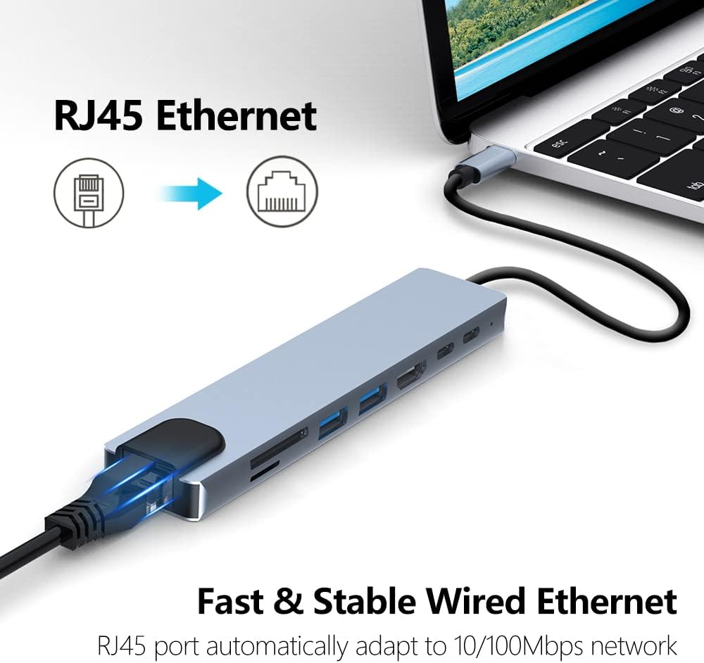8in1 Hub USB-C To Type-C USB 3.0 4K HDMI RJ45 Ethernet SD TF OTG PD Port Adapter V462-MD-165-01