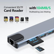 8in1 Hub USB-C To Type-C USB 3.0 4K HDMI RJ45 Ethernet SD TF OTG PD Port Adapter V462-MD-165-01