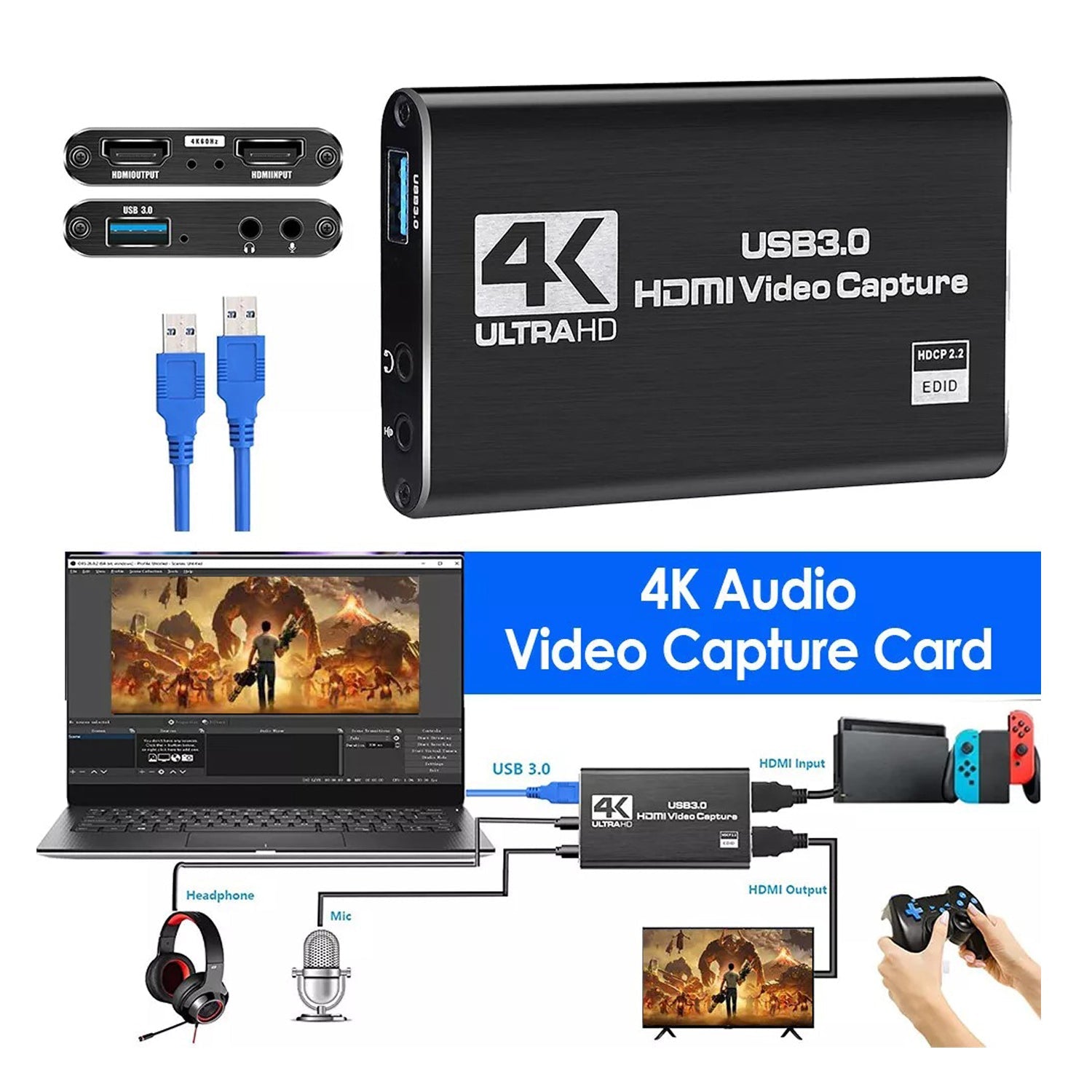 4K 1080P 60FPS HDMI to USB 3.0 Video Capture Card For PS4/PC/OBS Nintendo Switch V462-MD-172-01