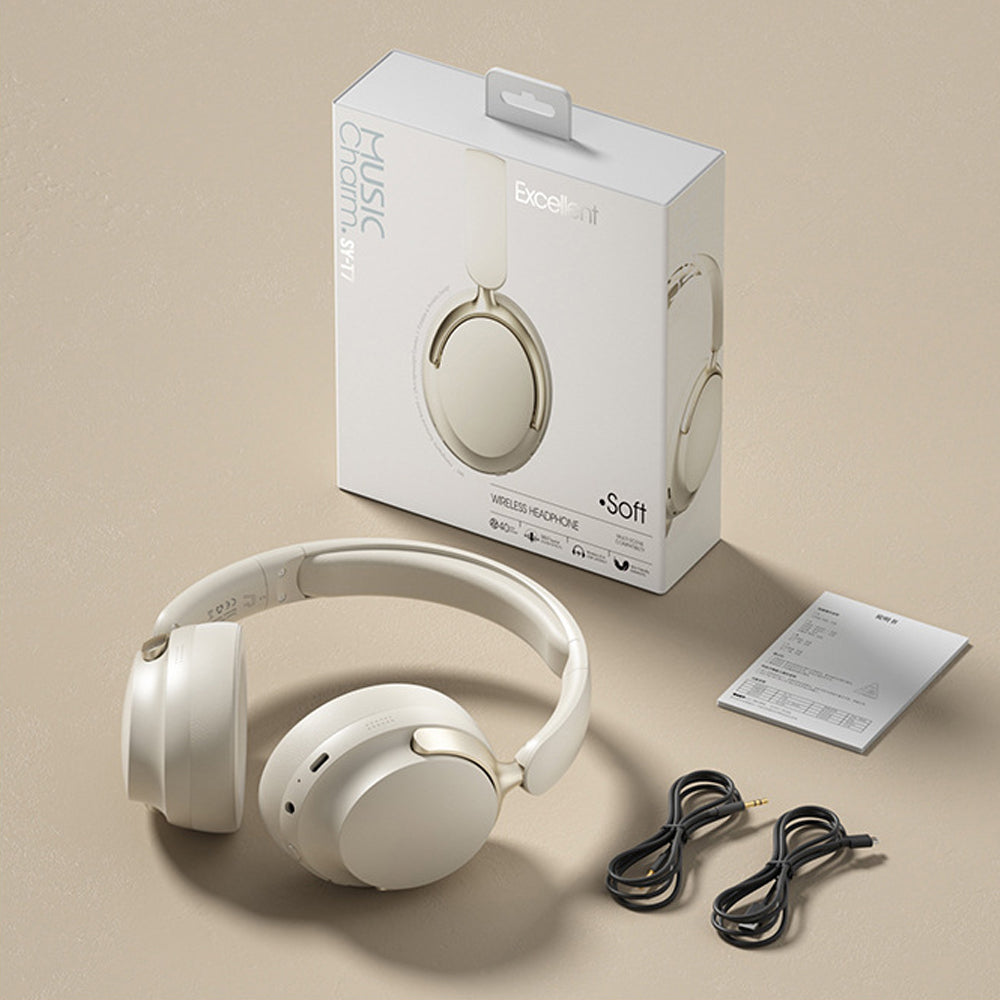 JR SY-T7 Bluetooth 5.4 Over-Ear Headset Wireless Headphones with Noise Cancelling Mic (Beige) V462-MD-177-01