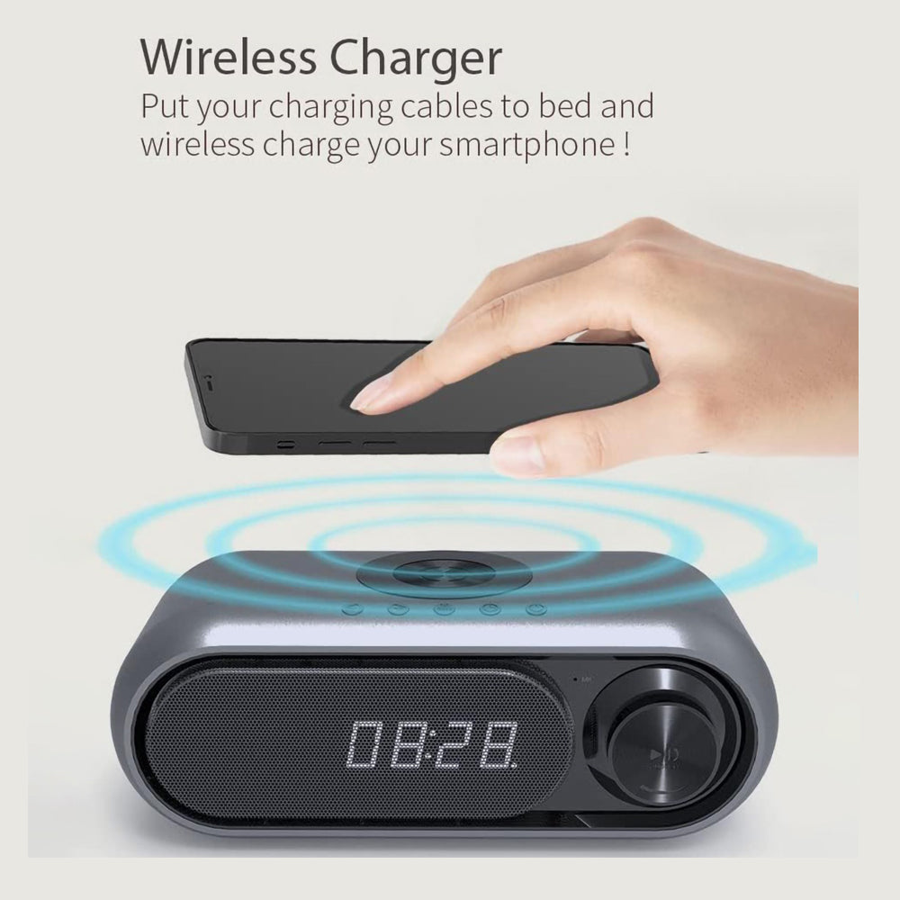 Bluetooth Speaker with 15W Wireless Charger Digital Alarm Clocks FM Radio Music Player (Grey) V462-MD-181-01
